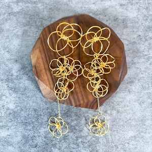 Cascading Floral Statement Earrings: Gold or Silver Flower Drops, Beaded Center