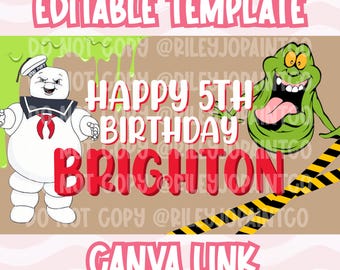 ゴーストバスターズ風バースデーバナーテンプレート - デジタル編集可能なバースデーバナーテンプレート Canvaリンク