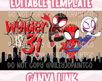 Plantilla de banner de cumpleaños inspirado en Spidey y sus amigos - Plantilla de banner de cumpleaños inspirado en Spiderman editable digitalmente (enlace de Canva)