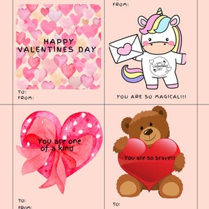 May include: Four printable Valentine's Day cards featuring a pink heart pattern, a unicorn holding a letter, a pink heart with a bow, and a brown teddy bear holding a red heart. The cards have space to write "To:" and "From:" at the bottom.