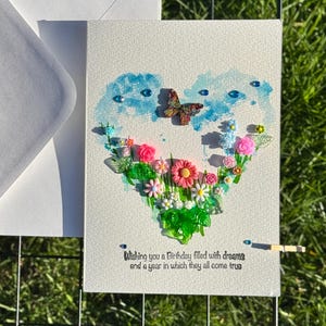 Cartão de aniversário feito à mão | Cartão de aniversário com estampa de coração floral