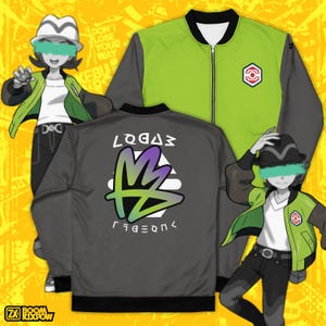 Puede incluir: Una chaqueta bomber gris con una cremallera negra y un gráfico verde y morado en la espalda. El gráfico dice "LODAZ" y "FGEONL".