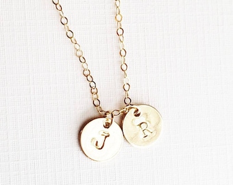 Gold Discs Initial Necklace 9.5mm - handmade gold filled disc small personalized charm hand stamped gift - simple everyday jewelry
