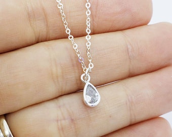 Little Silver Teardrop Necklace - dainty small crystal cz gem charm simple handmade jewelry minimalist gift sterling chain cubic zirconia