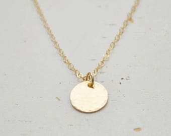 Gold Hammered Disc Necklace - handmade small 14k gold filled round coin charm circle pendant classic handmade gift aden and claire jewelry