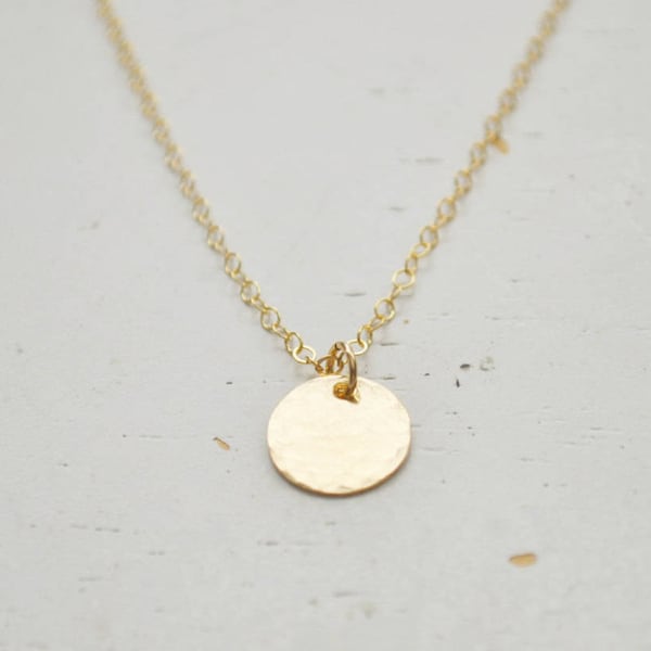 Gold Hammered Disc Necklace - handmade small 14k gold filled round coin charm circle pendant classic handmade gift aden and claire jewelry