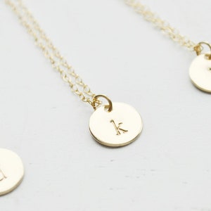 Gold Disc Initial Necklace dainty initial gold filled dot charm layering hand stamped customized letter personalized monogram gift for her image 3