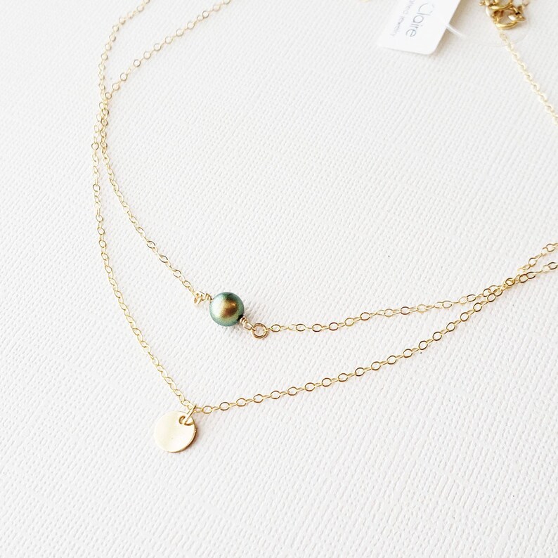 Peacock Green Single Pearl Choker Necklace handmade tiny round single pearl gold filled small simple dainty wedding jewelry handmade gift image 2