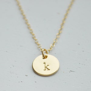 Gold Disc Initial Necklace dainty initial gold filled dot charm layering hand stamped customized letter personalized monogram gift for her image 2