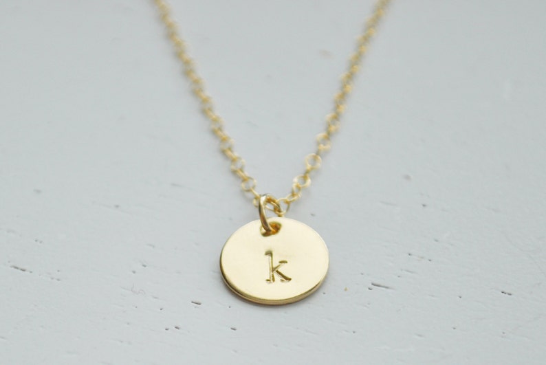 Gold Disc Initial Necklace dainty initial gold filled dot charm layering hand stamped customized letter personalized monogram gift for her image 2