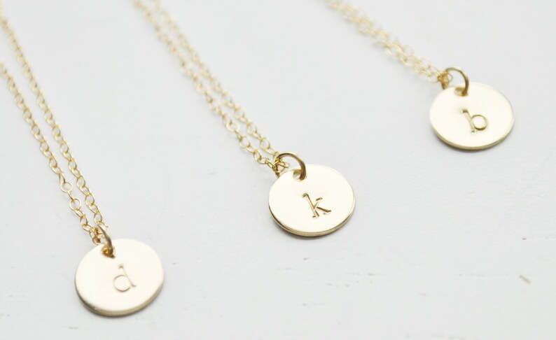 Gold Disc Initial Necklace dainty initial gold filled dot charm layering hand stamped customized letter personalized monogram gift for her image 3