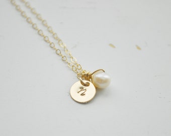 Gold Initial & Pearl Necklace - tiny gold filled disc small dot circle round personalized charm hand stamped pendant gift jewelry