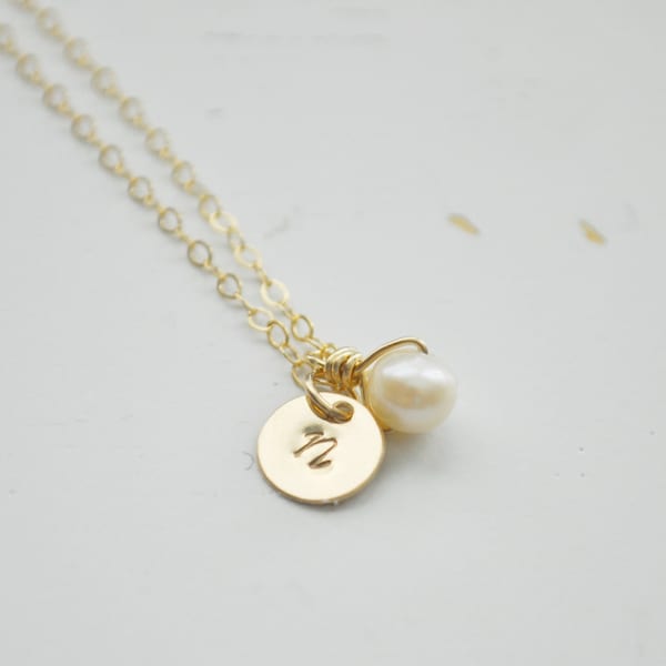 Gold Initial & Pearl Necklace - tiny gold filled disc small dot circle round personalized charm hand stamped pendant gift jewelry