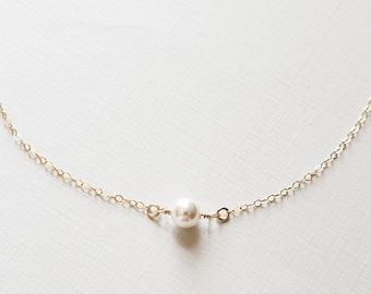 Pearl Choker Necklace - tiny round pearl solitaire gold filled small swarovski simple dainty wedding jewelry handmade gift