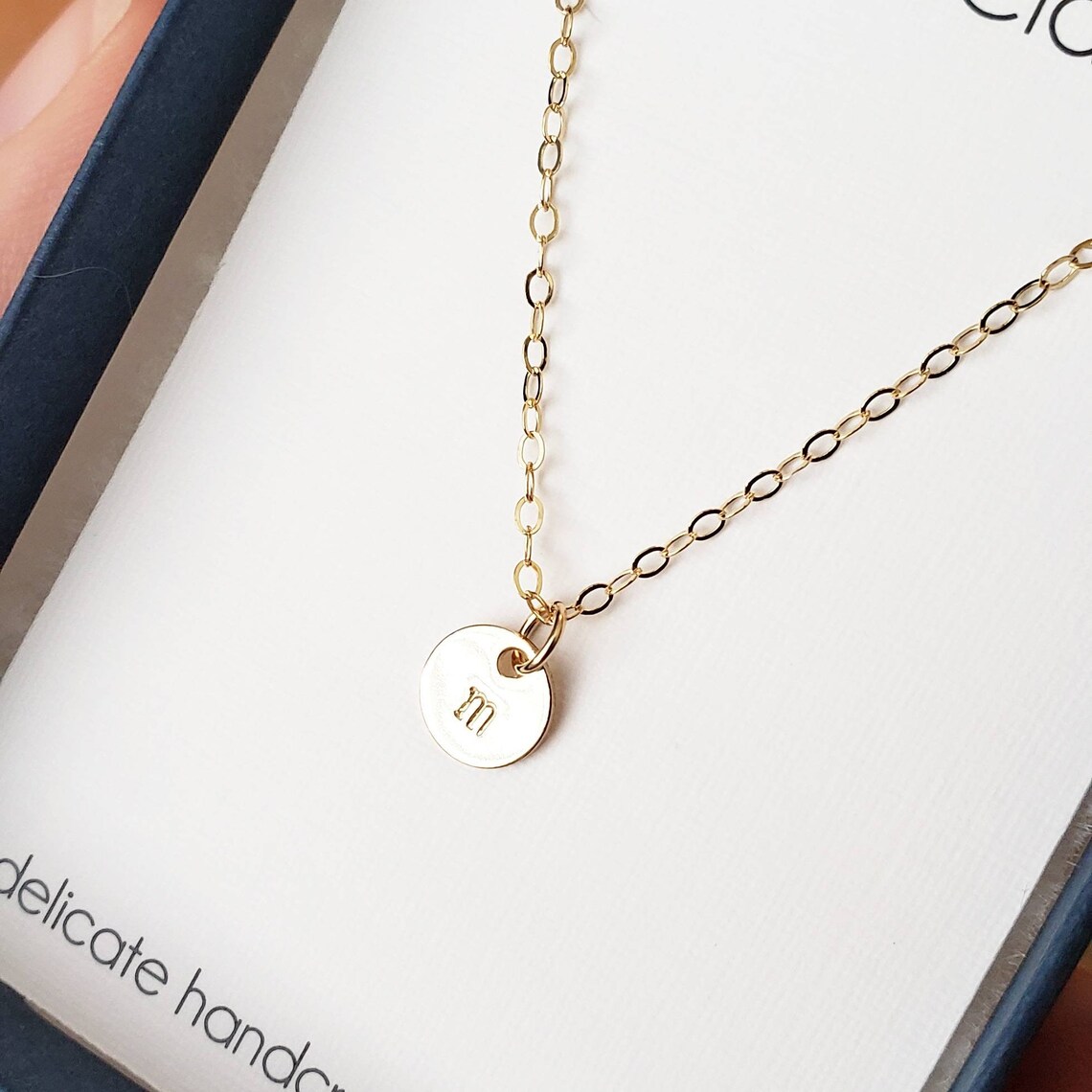 Tiny Gold Disc Initial Necklace Gold Filled Circle Round Etsy