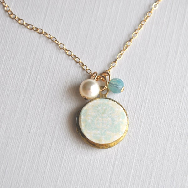 Old Romance Locket Necklace - aqua blue, cream, round vintage locket, pearl, & gold filled - simple everyday jewelry - adencreations