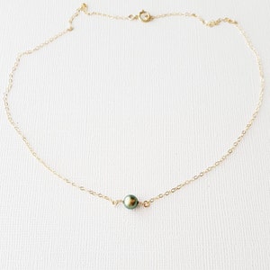 Peacock Green Single Pearl Choker Necklace handmade tiny round single pearl gold filled small simple dainty wedding jewelry handmade gift image 1