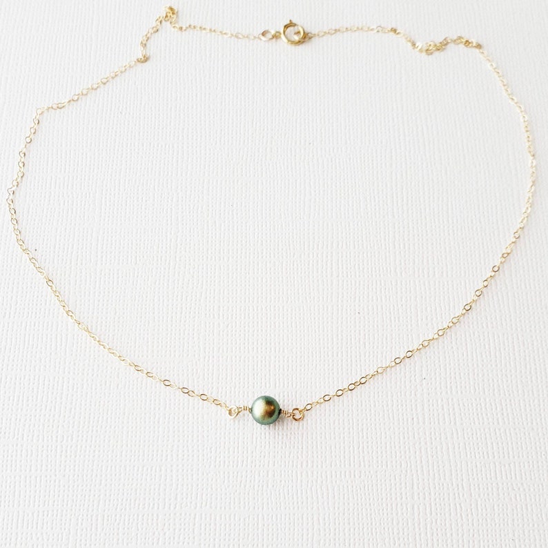 Peacock Green Single Pearl Choker Necklace handmade tiny round single pearl gold filled small simple dainty wedding jewelry handmade gift image 1