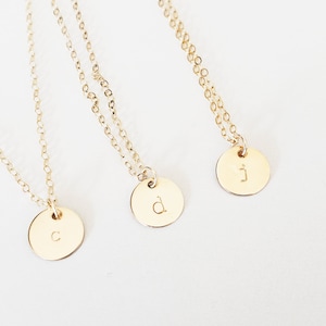 Gold Disc Initial Necklace dainty initial gold filled dot charm layering hand stamped customized letter personalized monogram gift for her image 1