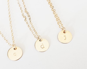 Gold Disc Initial Necklace - dainty initial gold filled dot charm layering hand stamped customized letter personalized monogram gift for her