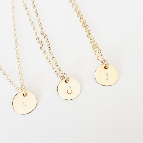 Gold Disc Initial Necklace - dainty initial gold filled dot charm layering hand stamped customized letter personalized monogram gift for her