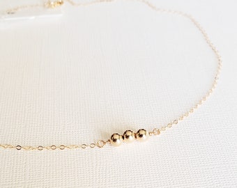 Gold Trio Necklace - tiny 14k gold filled beaded choker - simple everyday jewelry gifts for her