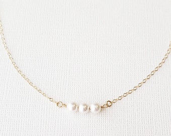 Three Pearls Necklace - tiny white pearl sawrovski beaded little sterling silver or gold filled - simple wedding or everyday jewelry