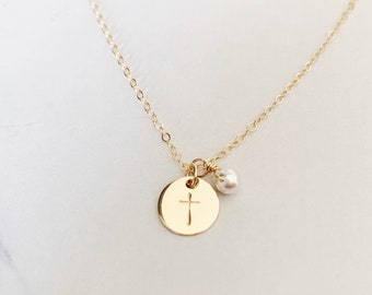 Gold Cross Necklace with pearl charm - 14k gold filled gift for her graduation Mother’s Day baptism keepsake Christian jewelry