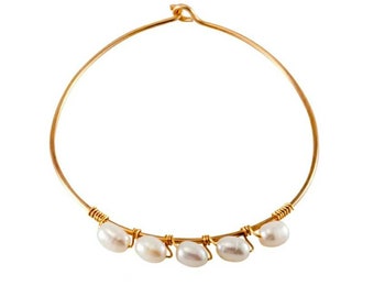 Freshwater Pearl Beaded Gold Bangle Bracelet