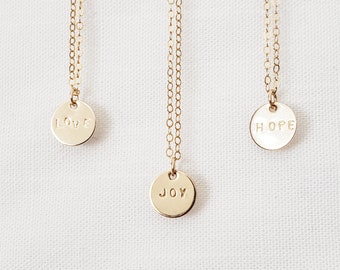 LOVE JOY HOPE Gold Disc Necklace - 14k gold filled inspirational charm jewelry hand stamped customized gift for her Christian jewelry