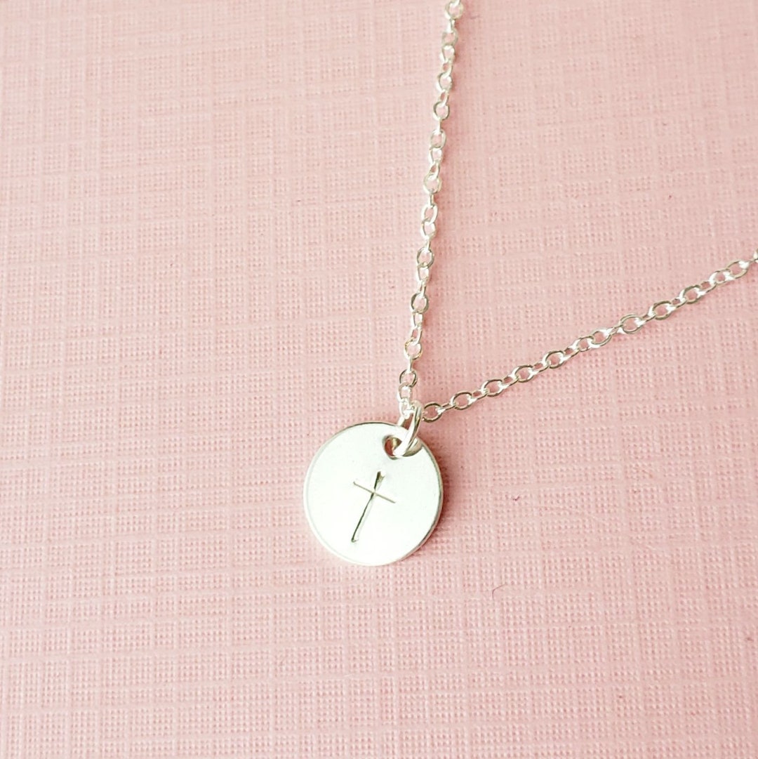 Sterling Silver Cross Necklace Small Disc Charm Hand Stamped - Etsy