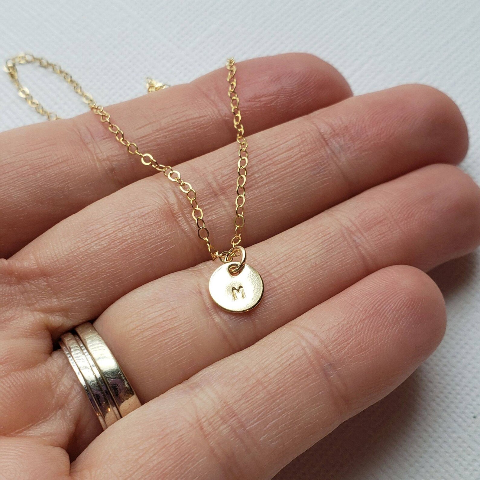 Tiny Gold Disc Initial Necklace Gold Filled Round Etsy