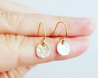 Tiny Gold Dot Earrings - handmade gold filled hammered disc small dainty minimalist sustainable jewelry