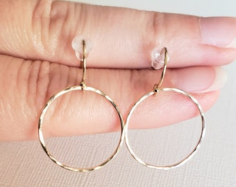 Hammered Gold Circle Earrings - 14k gold filled lightweight dangle drop minimalist style simple handcrafted sustainable gold jewelry