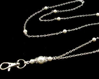 Pearl ID Badge Lanyard Necklace: Silver Plated Chain, Breakaway Clasp