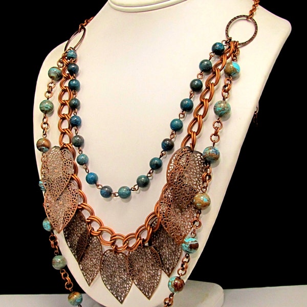 Big and Bold Chains, Leaves and Blue Sky Jasper  in Antique Copper