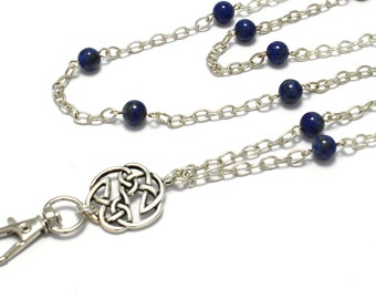 CLEARANCE  Lanyard Necklace, Silver Plated Celtic Pendant w/ Lapis Lazuli Gemstones, Safety Breakaway Clasp Available