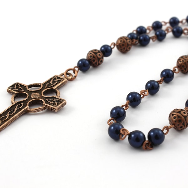 Anglican Rosary / Prayer Beads, Antique Copper w/ Celtic Cross, Pearl Prayer Beads, Unisex, Sample Prayer Booklet Included, 5 Color Choices
