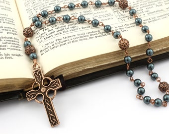 Anglican Prayer Beads, Celtic Cross in Antique Copper, Celtic Rosary, Celtic Prayer Beads, Copper Prayer Beads, Pearl Prayer Beads, Unisex