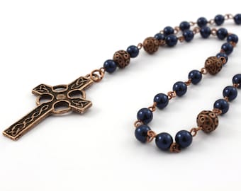 Anglican Rosary / Prayer Beads, Antique Copper w/ Celtic Cross, Pearl Prayer Beads, Unisex, Sample Prayer Booklet Included, 5 Color Choices