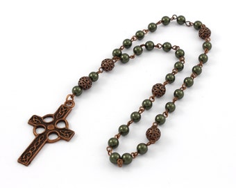 Anglican Prayer Beads, Celtic Cross in Antique Copper, Celtic Rosary, Celtic Prayer Beads, Copper Prayer Beads, Pearl Prayer Beads, Unisex