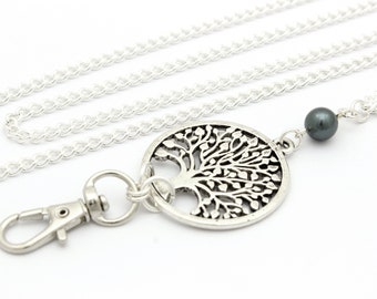 Tree of Life Lanyard: Silver ID Badge Holder Necklace with Pearl