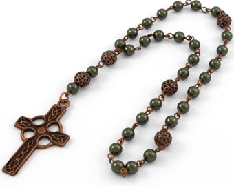 Anglican Prayer Beads  with Celtic Cross, Swaravski or Czech Pearl Rosary, Anglican Rosary, Antique Copper Rosary, Protestant Rosary