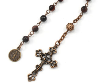 One Decade Catholic Rosary, Auto Car Mirror Rosary Epoxy Coated Copper, Will Never Tarnish, Red Tiger Eye Gemstones, Open Pocket Rosary