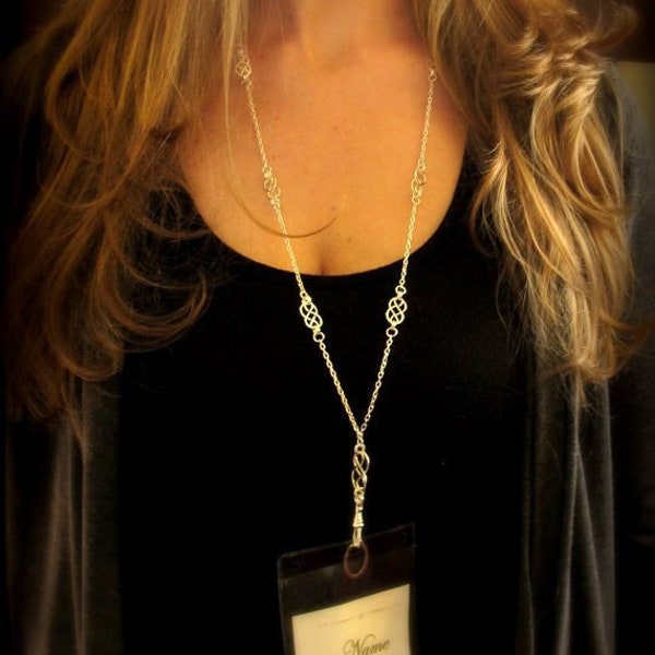Celtic Knot Lanyard Necklace, Silver ID Badge Holder, Breakaway Teacher Gift