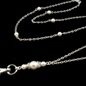 Pearl ID Badge Lanyard Necklace: Silver Plated Chain, Breakaway Clasp