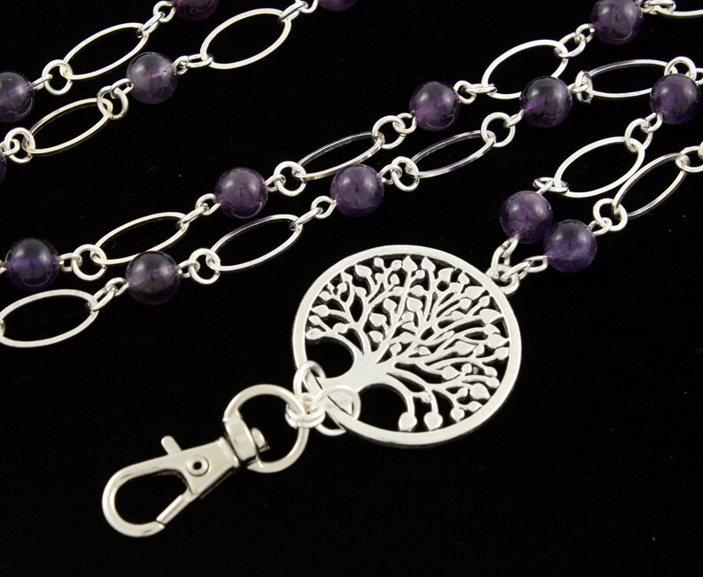 Lanyard Necklace ID Badge with Silver Tree of Life and Amethyst Gemstones Pretty Keychain Teacher Gift