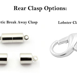May include: Two different types of clasps for jewelry making. The first is a magnetic break-away clasp, which consists of two silver-toned cylindrical pieces. The second is a lobster clasp, which is a single silver-toned piece with a hook and a loop.