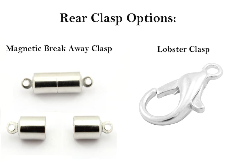 May include: Two different types of clasps for jewelry making. The first is a magnetic break-away clasp, which consists of two silver-toned cylindrical pieces. The second is a lobster clasp, which is a single silver-toned piece with a hook and a loop.