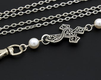 Lanyard ID Badge Holder, Cross and Pearls on Silver Chain, Break Away Clasp Available, Unique Work Attire, Choose Pearl Color, Custom Length